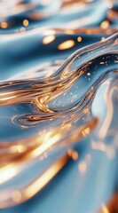 Aufkleber - Abstract Wave Texture in Blue and Gold Smooth Liquid Surface Dynamic Flowing Background with Shiny Golden Lights