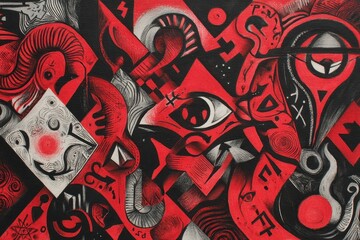 Poster - Abstract design with bold red and black shapes.