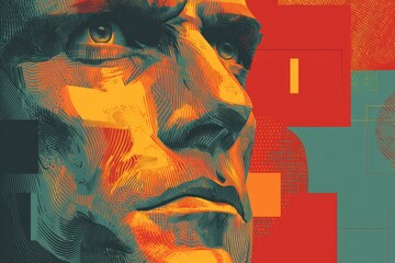 Poster - Close-up portrait, bold colors, and geometric design.