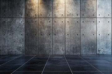 Poster - Modern Concrete Wall Texture in Gray Tones and Black Floor with Geometric Pattern with Neutral Lighting and Industrial Aesthetic Interior Design