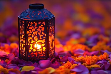 Poster - Ornate Metal Lantern Glowing Amidst Vibrant Flower Petals and Blossoms Creating a Warm Festive and Romantic Floral Decoration