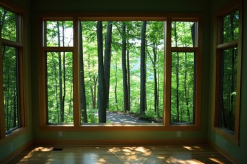 Leinwandbilder - Panoramic View of Forest Through Large Wooden Framed Window in Empty Room with Sunlight Glare Across Wood Floor