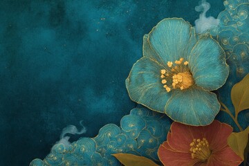 Poster - Teal and crimson blossoms on a textured backdrop.