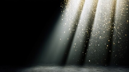 Fototapete - Dramatic Spotlight Illuminates Dark Stage with Golden Glitter, creating a magical, atmospheric scene perfect for elegant presentations or luxury product displays. : Generative AI