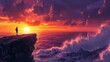 © Jeerawut - Stunning vibrant sunset over rugged ocean cliff with crashing waves and a lone person observing picturesque sunrise in dramatic sky with colorful clouds
