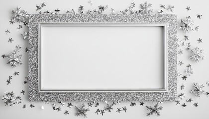 Fototapete - Silver Glitter Frame with Snowflake Confetti on White Background for Holiday Decoration and Celebration