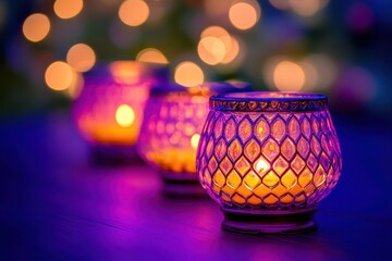 Poster - Three Decorative Candles with Purple and Orange Light on a Wooden Table with Blurred Background in a Dark Room for Christmas Holiday Celebration and Decorative Warm Indoor Sparkle