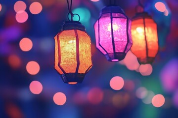 Poster - Three Colorful Lanterns Hanging with Bokeh Lights Background for a Festive and Celebratory Ambiance in Night Scene with Decorative Purple and Orange Glow