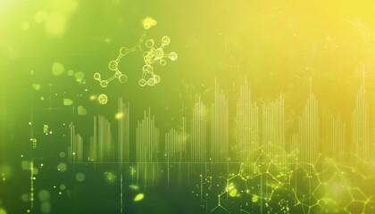 Leinwandbilder - Vibrant Green and Yellow Abstract Background Featuring Geometric Shapes Molecular Structures and Bokeh Lighting in a Futuristic Digital Design