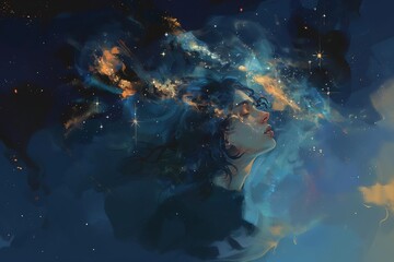 a young woman with long, dark hair gazes up at the starry night sky, her eyes closed in contemplatio