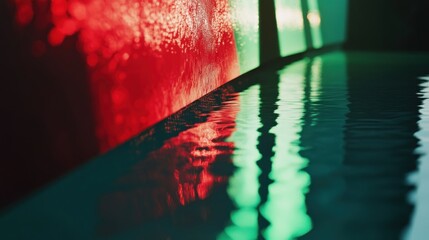 Wall Mural - red and green light reflections on water, night scene