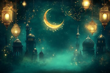 Poster - 	Deep green and gold Eid backdrop with lanterns, crescent moon and swirling mis