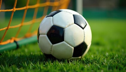 Close-up of a soccer ball in a net, showing the texture of the net and ball , high quality, detail shot