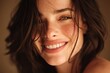 © Alice - Beautiful woman with charming smile and flowing dark hair captured in natural lighting, soft focus studio portrait highlighting feminine elegance, radiant skin, and heartwarming expression in warm ton