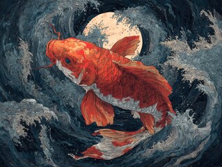 Poster - A vibrant koi fish leaps amidst powerful, swirling waves beneath a luminous moon.