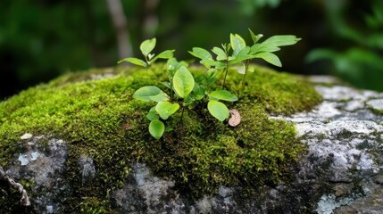 Poster - Young green plants sprout from lush moss covering a grey stone, a vibrant display of nature's resilience and growth. : Generative AI