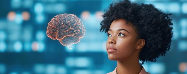 Aufkleber - A young woman gazes thoughtfully at a digital brain hologram, symbolizing intelligence and technology.
