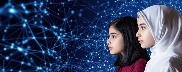 Poster - Two young women look forward against a digital network background, symbolizing technology, innovation, and the future.