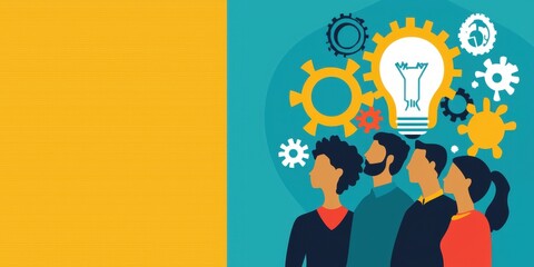 Aufkleber - A diverse group of people brainstorm ideas with gears and a glowing lightbulb symbolizing innovation and teamwork.