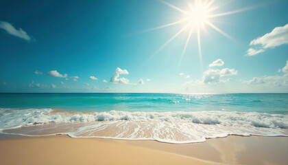 sunny tropical beach with calm ocean waves and clear blue sky