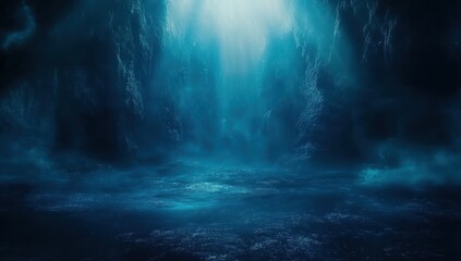 Poster - Abstract Underwater Scene with Blue Water and Sunlight Filtering Through Creating a Dreamy and Ethereal Atmosphere Perfect for Backgrounds and Artistic Compositions