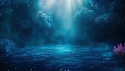 Poster - Abstract Underwater Scene with Coral Reefs and Glimmering Light in Shades of Blue and Purple