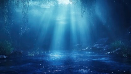 Fototapete - Abstract Underwater Scene with Blue Tones Featuring Light Rays and Reflective Surface in a Mysterious Deep Water Environment
