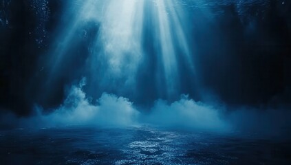 Poster - Abstract Underwater Scene with Dramatic Blue Lighting and Water Surface Reflections Creates a Moody and Enigmatic Atmosphere in Studio Setting