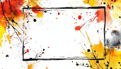 Poster - Abstract Watercolor Frame with Splatters in Orange Red Yellow and Black Tones on a White Background Artistic Design Texture Background for Creative Projects and Decorative Art