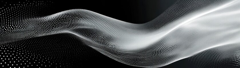 Fototapete - Abstract Wavy Background of Glowing White Dots on Black Backdrop Featuring Dynamic Motion Energy and Futuristic Design