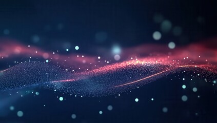 Fototapete - Abstract Wavy Glowing Particle Background in Red and Blue Digital Space with Motion Graphics and Blurred Bokeh Effects Modern Art Design