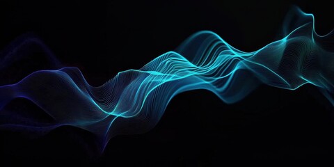 Fototapete - Abstract Wavy Lines of Blue Light Energy Dynamic Pattern on Black Background for Modern Technology Design and Futuristic Visual Stream
