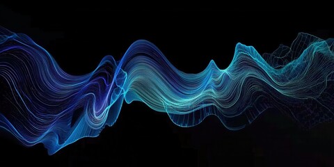 Fototapete - Abstract Wavy Lines of Blue and Teal Light on Black Background Depicting Energy Motion and Digital Technology with Dynamic Glowing Particles and Futuristic Design Elements