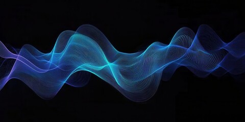 Fototapete - Abstract Wavy Lines with Blue Glowing Particles on Black Background Creates a Sense of Dynamic Movement and Modern Technology