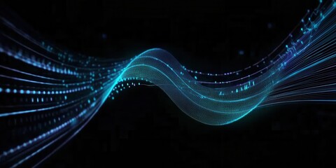 Fototapete - Abstract Wavy Lines of Light Streaks in Dark Background Featuring a Dynamic and Futuristic Design Element with Blue Glowing Particles Creating a Modern and Technological Visual