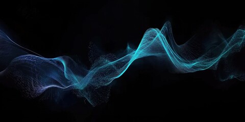 Fototapete - Abstract Wavy Particle Stream in Dark Ambiance with Soft Lighting Futuristic Backdrop Glowing Dots Lines Dynamic Motion Visual Effects and Modern Minimalist Style
