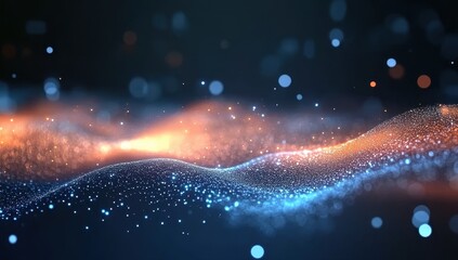 Fototapete - Abstract Wavy Particle Stream with Blue and Orange Light on Dark Background Digital Art
