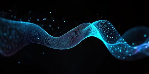Fototapete - Abstract Wavy Pattern with Glowing Blue Particles on Black Backdrop Futuristic Data Stream Conceptual Design Element Illustration Modern Art Background