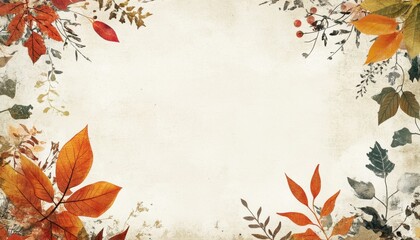 Poster - Autumn Leaves Border Frame on Beige Textured Background with Natural Tones and Rustic Design Featuring Seasonal Foliage and Vintage Style Decorative Elements for Holiday Themes