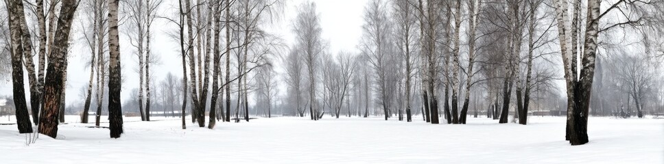Poster - A serene winter landscape showcasing a snow-covered park with birch trees lining a pathway, creating a peaceful and tranquil atmosphere. : Generative AI