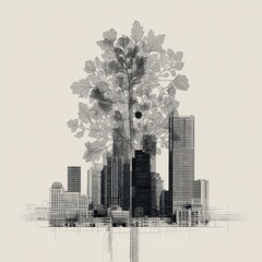 Poster - Monochromatic cityscape nestled beneath a stylized tree.