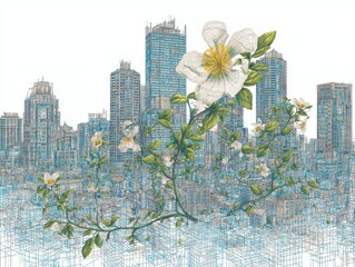 Poster - Floral cityscape with intricate architectural lines.