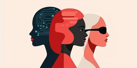 Poster - Three stylized female profiles represent technology, communication, and modern individuality in a minimalist digital art style.