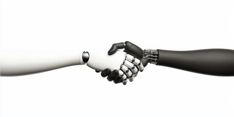 Aufkleber - A robotic white hand and a robotic black hand shake against a white background, symbolizing unity and technology collaboration.