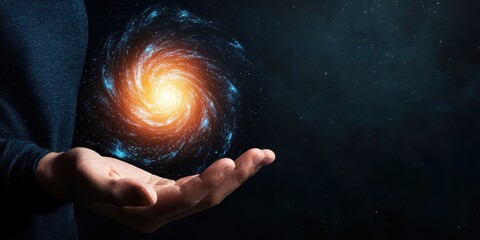 Poster - A glowing spiral galaxy appears to float above an outstretched human hand against a dark cosmic background.