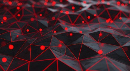 Poster - Abstract technological mesh design with glowing red lines and dots creates a futuristic and dynamic visual experience, suitable for diverse digital applications