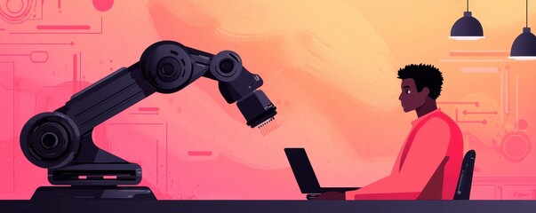 Poster - A man works on a laptop beside a robotic arm in a modern, colorful workspace with a technological atmosphere.