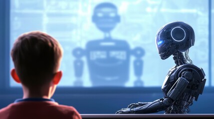 Aufkleber - A young boy sits across from a humanoid robot, both facing a screen displaying a digital robot figure in a futuristic setting.