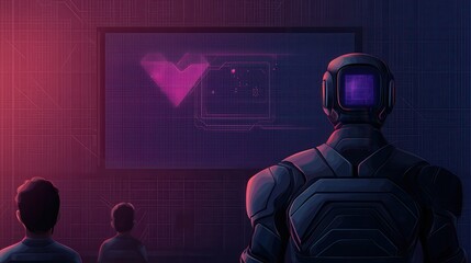 Fototapete - A robot and two humans watch a digital screen displaying a heart and data, in a futuristic, tech-lit room.
