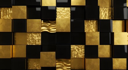 Poster - Elegant juxtaposition of textures: black lacquered and gold leaf squares for a visually striking modern mosaic